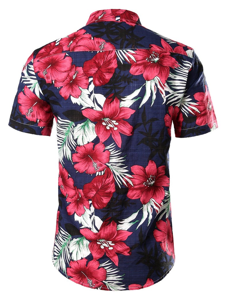 JOGAL Men's Flower Casual Button Down Short Sleeve Hawaiian Shirt Large Navy - Image 3